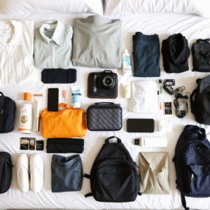Solo-female-travel-essentials-neatly-packed-on-a-bed