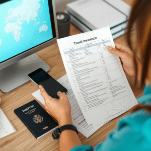 Solo-female-traveler-reviewing-travel-insurance-before-her-trip