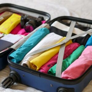 Organized-colorful-travel-clothes-packed-in-suitcase-for-women-travelers