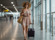 Solo-female-traveler-at-airport-with-suitcase-dressed-for-summer