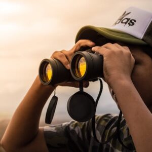 Person using binoculars to spot wildlife in a vast outdoor landscape